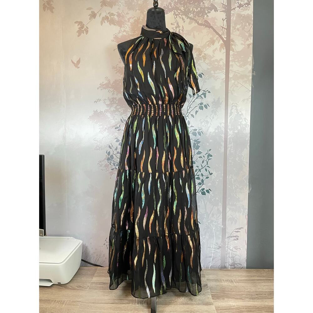 Shoshanna Metallic Rainbow Halter Neck Smocked Maxi Dress Black 10 Bow Tie